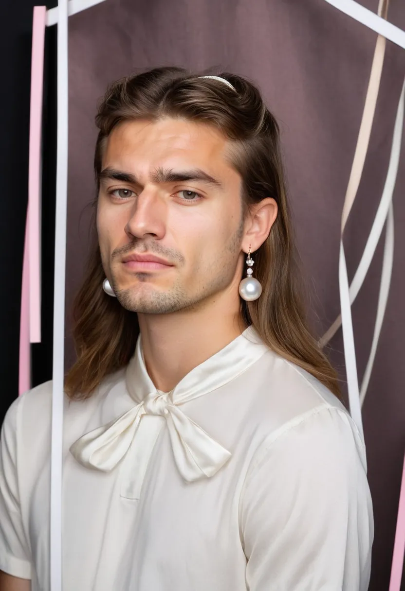Boy wearing a simple white blouse with a pearl necklace, dainty hoop earrings and a small satin bow in the hair against a neon noir studio backdrop