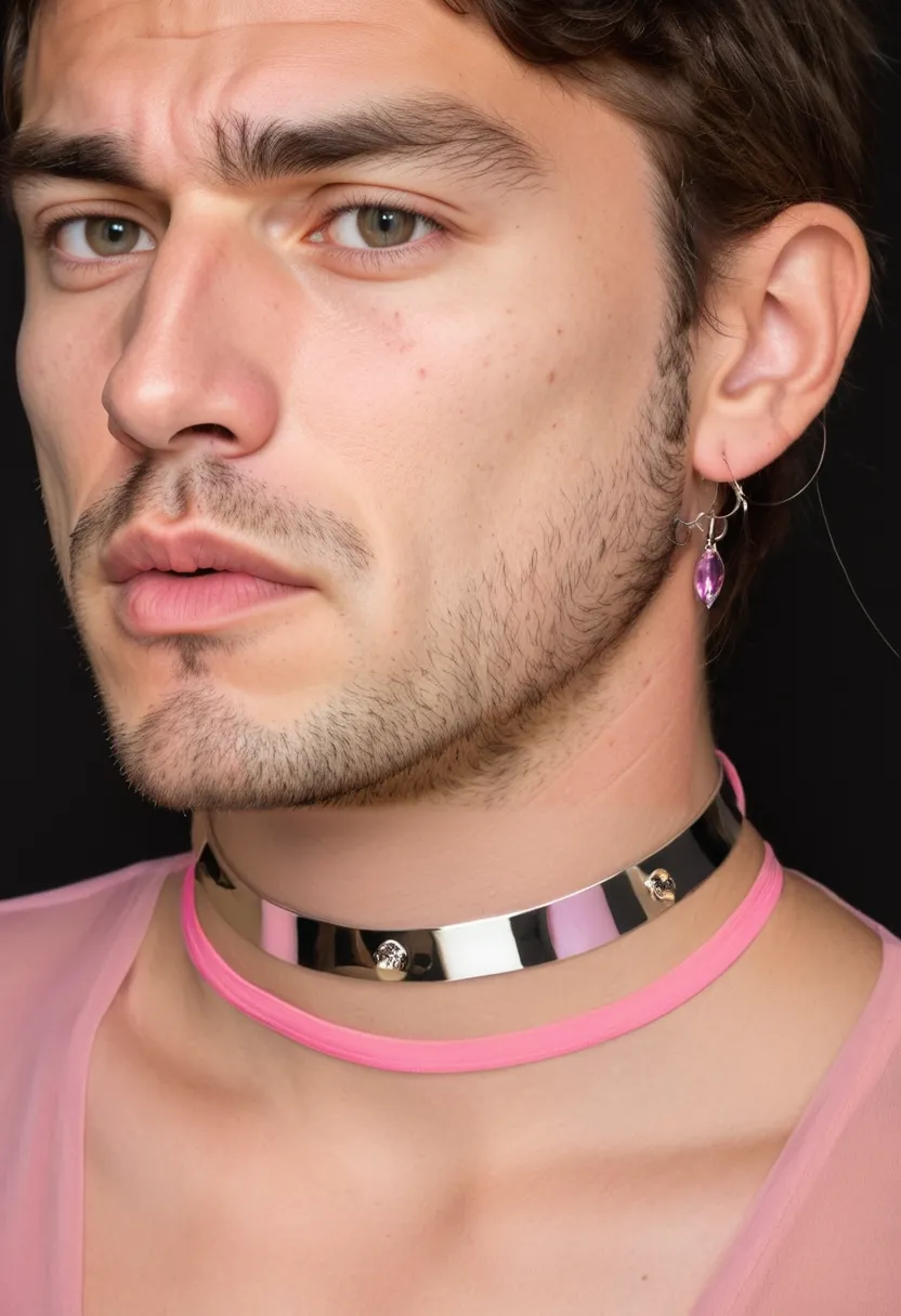Thin adjustable choker and small hoops styled with pink chiffon blouse in neon noir studio setting