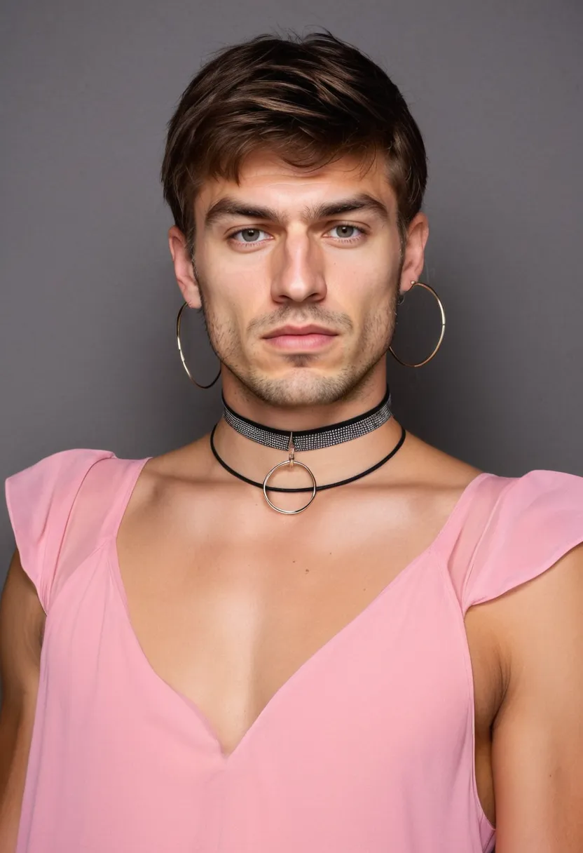 Man wearing a pink chiffon blouse with a thin adjustable choker necklace and small hoop earrings against a neon noir studio backdrop