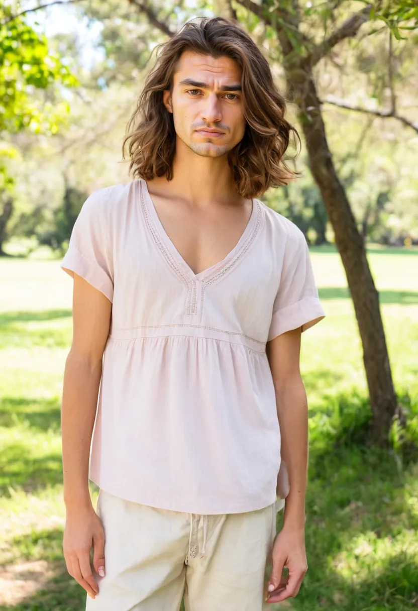 Man modeling a soft pink V-neck blouse with gentle drape in lightweight cotton, relaxed silhouette, park setting with bokeh