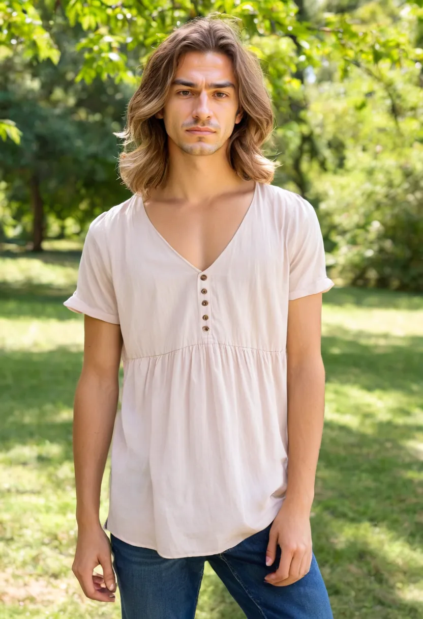 A man wearing a soft feminine blouse with a delicate V-neckline and subtle gathering at the bust, lightweight woven cotton in pale blush pink, relaxed fit draping gently over the torso, sunny park background