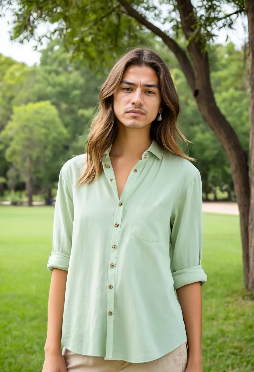 Close-up of pale mint green cotton blouse with mother-of-pearl buttons and oversized shoulders on male figure, loose natural drape in park light