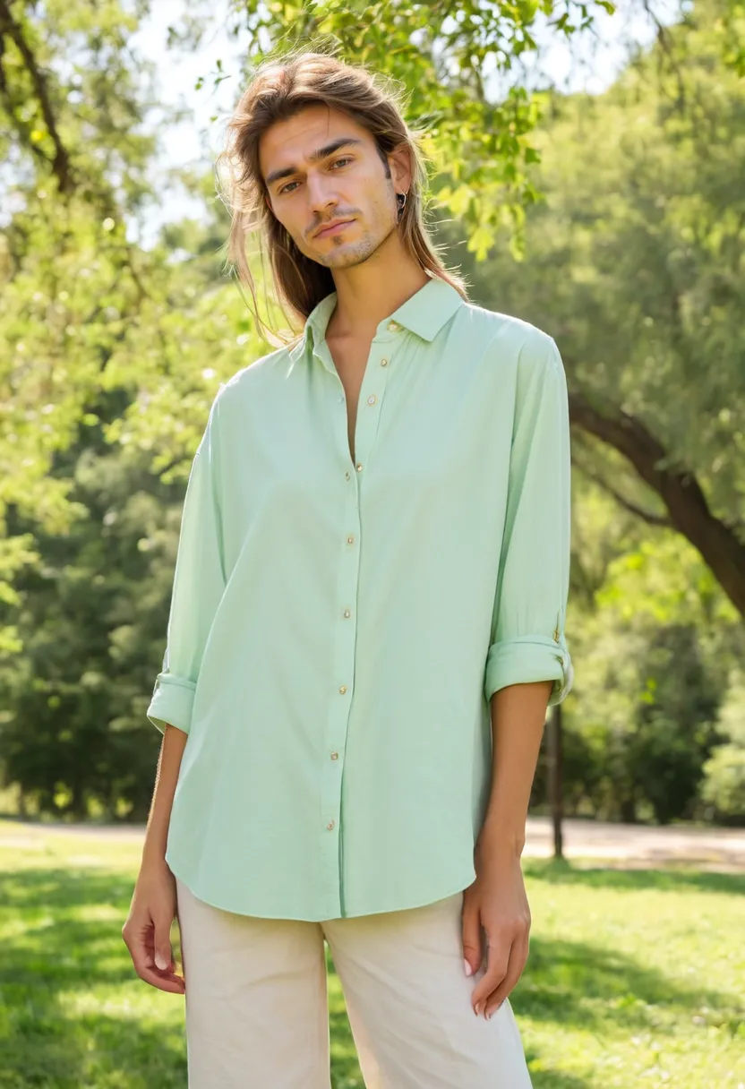 A man wearing a soft cotton blouse in pale mint green with relaxed straight cut, small mother-of-pearl buttons down the front placket, slightly oversized shoulders, fabric hanging loosely, sunny park background