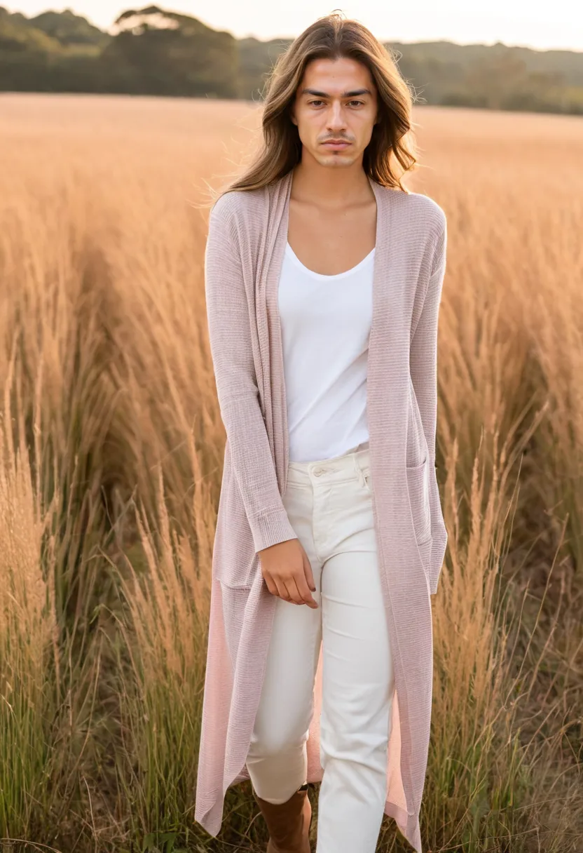 A man in a long dusty rose waterfall cardigan with ribbed cuffs and hem, airy delicate knit falling in elegant panels, sunset field background.