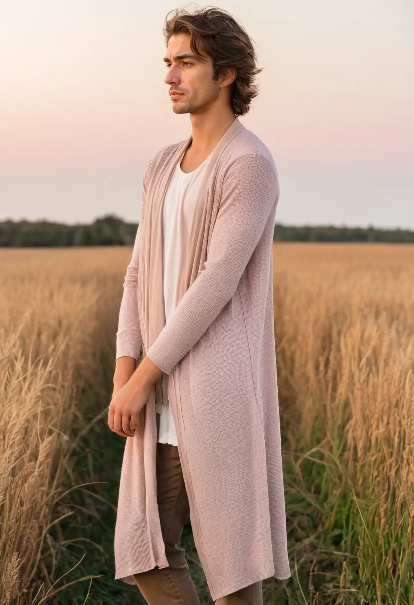 A man wearing a long open-front cardigan in soft dusty rose with fine knit fabric and waterfall drape, standing in a soft sunset field.