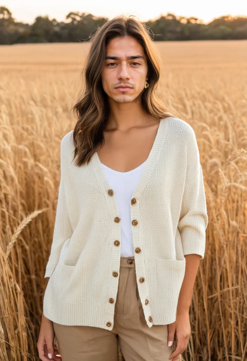 A man in a warm cream V-neck cardigan with relaxed fit and ribbed cuffs in soft sunset lighting.