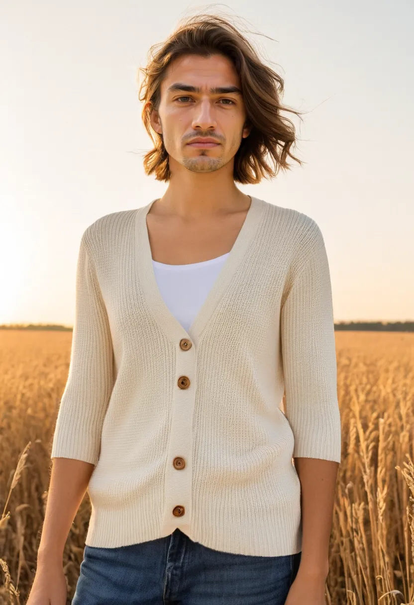 Detail of a warm cream knit cardigan with V-neckline and three-quarter sleeves, soft buttery texture with clean stitches.