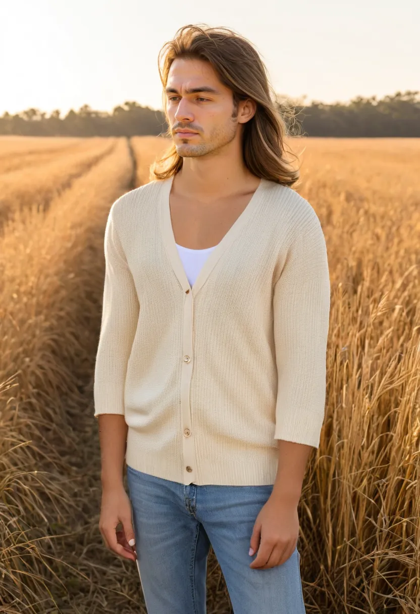 A man wearing a warm cream V-neck cardigan with three-quarter ribbed cuff sleeves and a soft buttery medium-weight knit, standing in a soft sunset field.