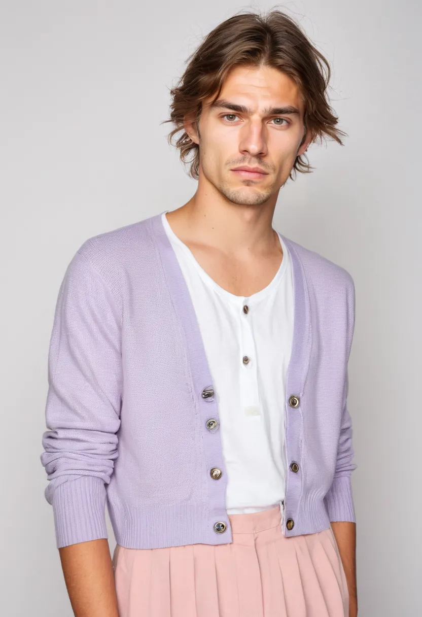 Boy wearing a pale lilac pastel cardigan over a white cotton blouse as a school-appropriate feminine outfit