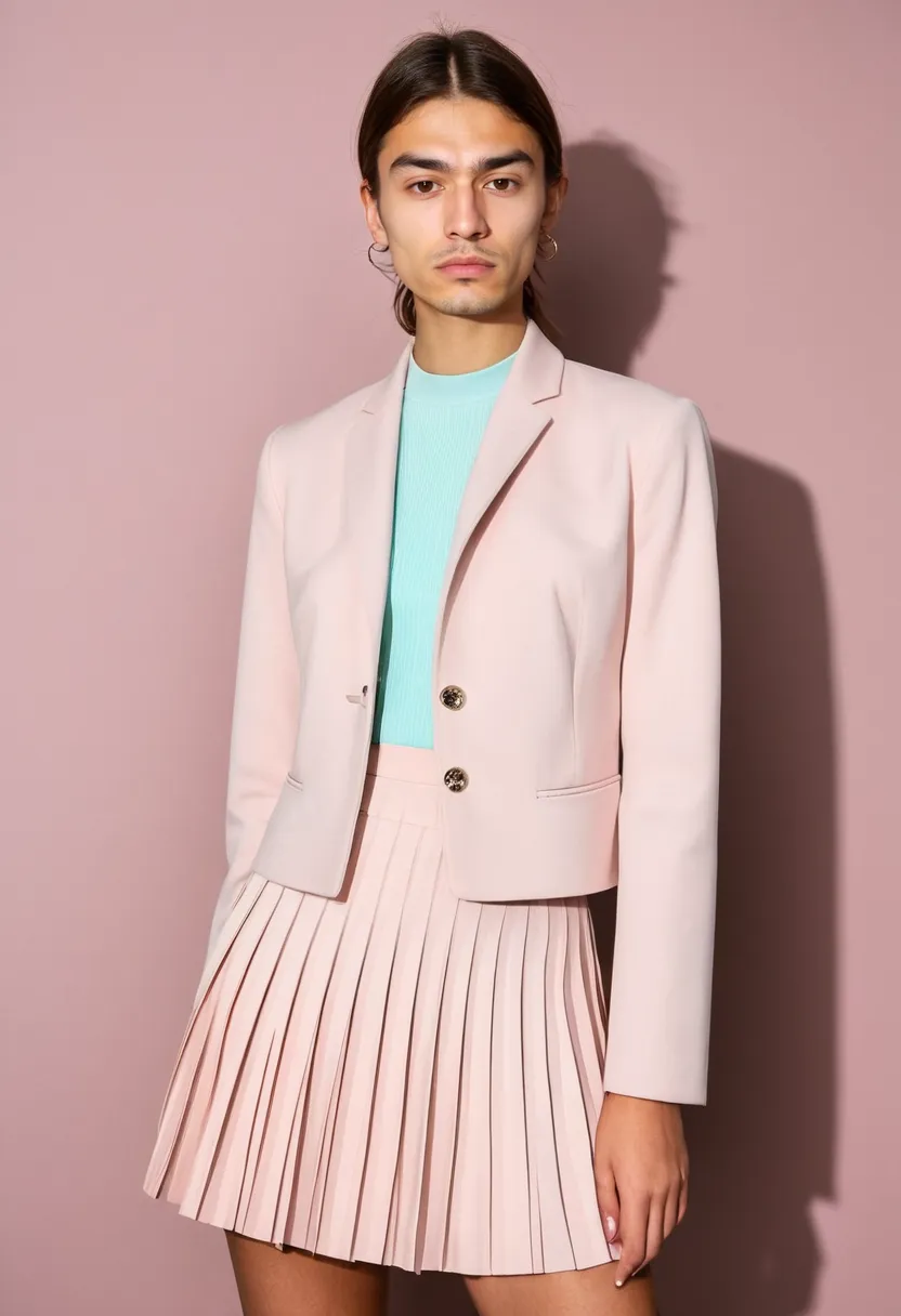 Man wearing a structured soft pink pastel blazer with a pleated skirt, confident and polished