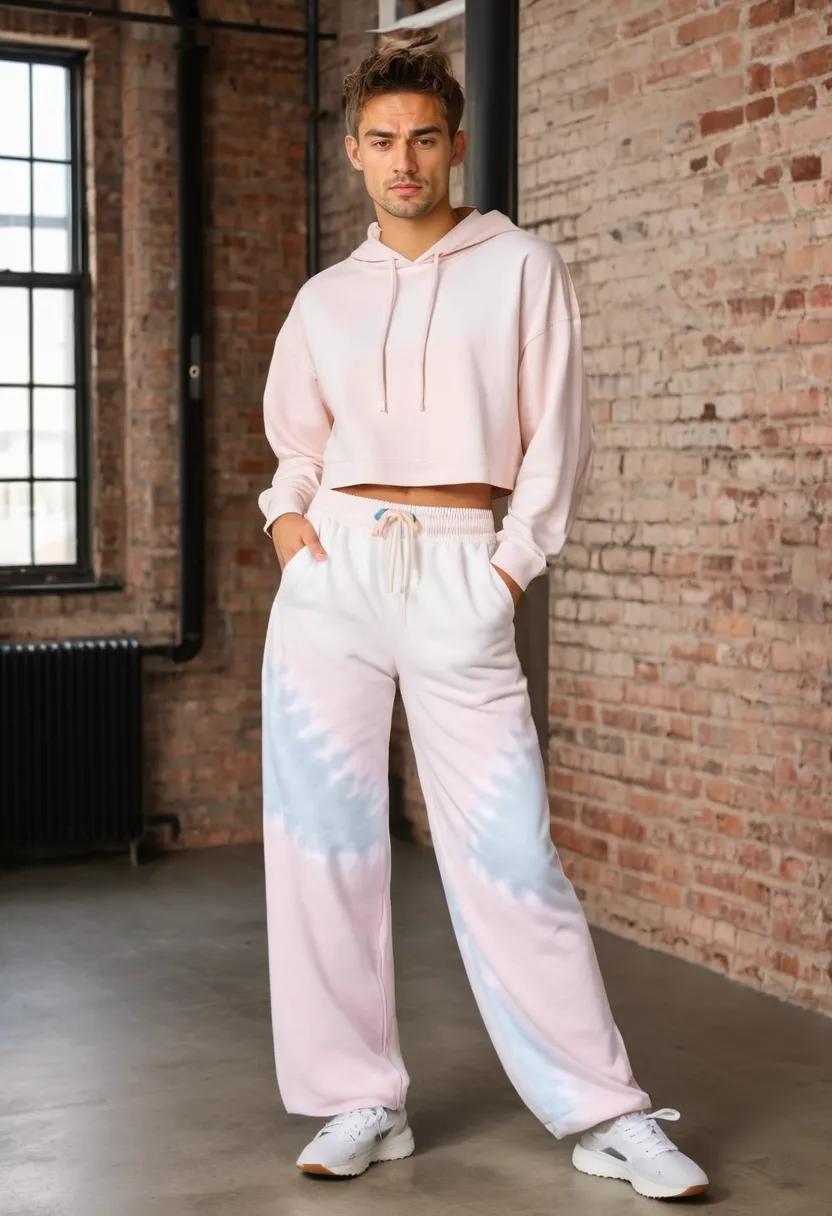Pastel tie-dye cropped hoodie and wide-leg jogger coordinated streetwear look