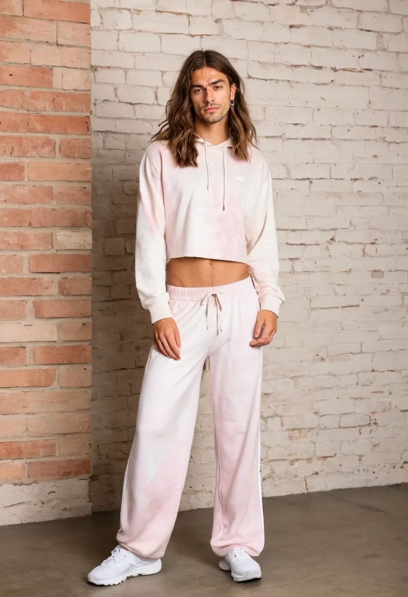 Man wearing tie-dye crop hoodie in soft pink and white with matching pastel wide-leg jogger trousers