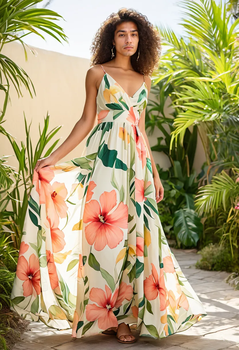Men wearing floral dresses in lightweight chiffon with wide sweeping skirts catching soft light