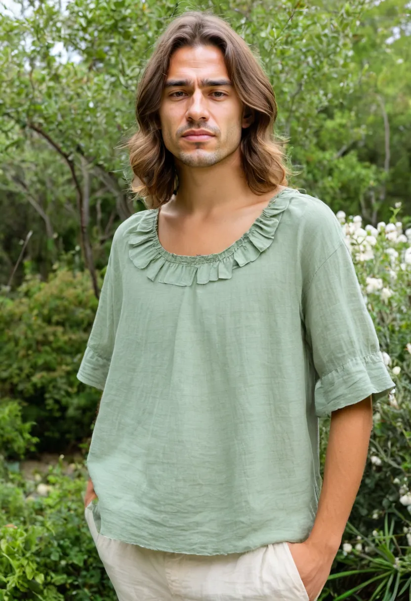 soft sage green flowy blouse in wide relaxed silhouette with gathered neckline and fabric falling in soft natural folds