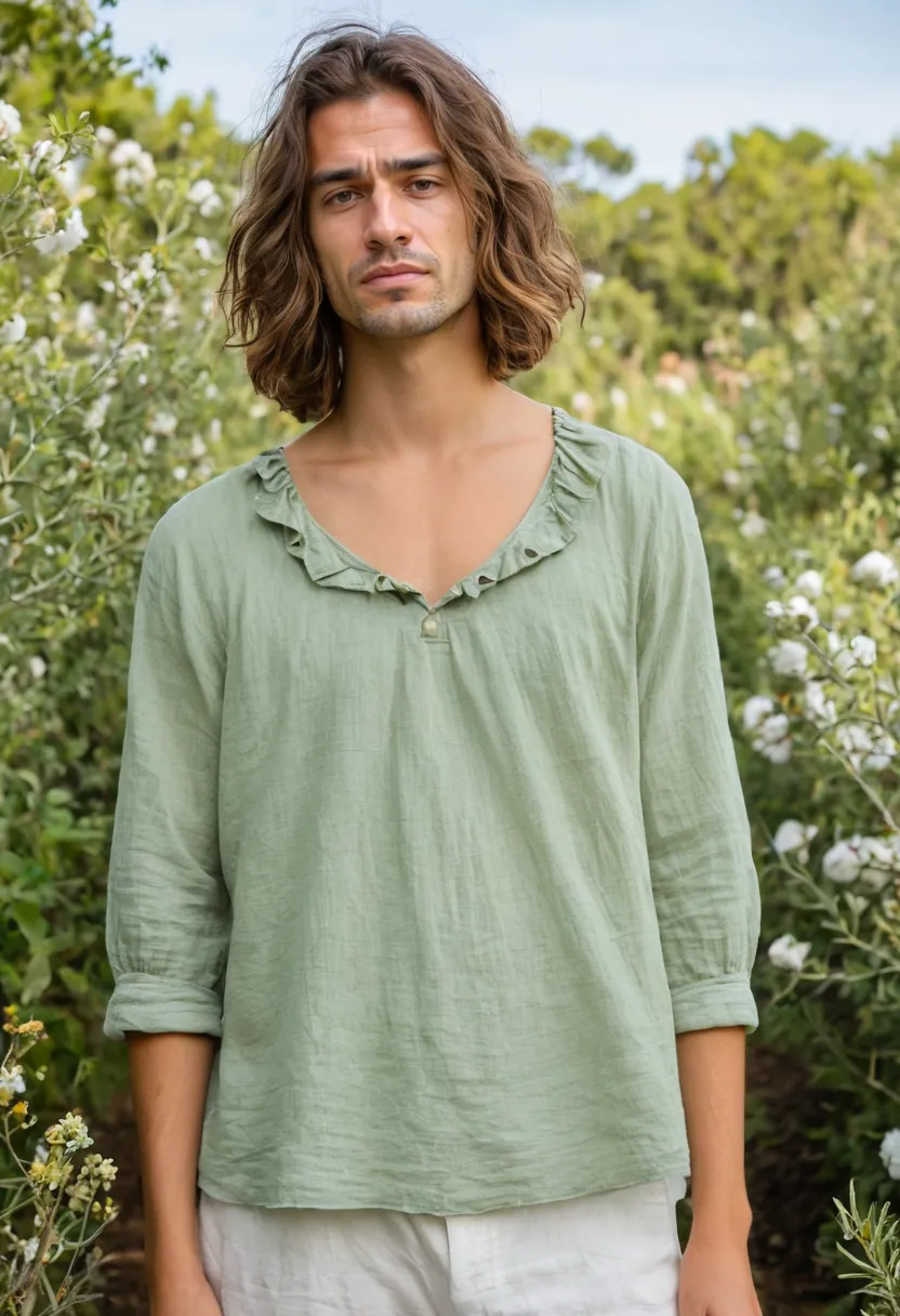 man wearing lightweight flowy blouse in soft sage green linen-cotton blend with gathered neckline and ruffle trim in blooming garden
