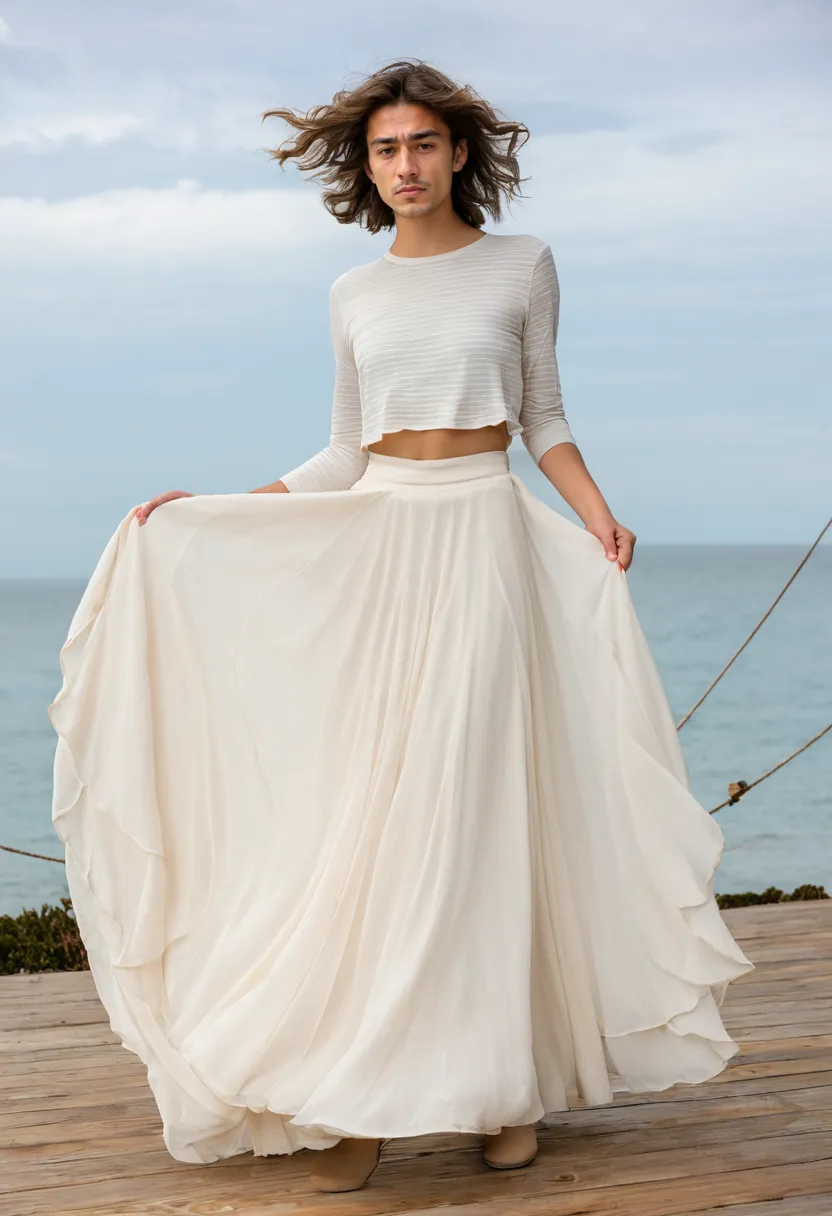Boys in flowing skirts of pale ivory chiffon, sheer layers floating softly with movement by the sea