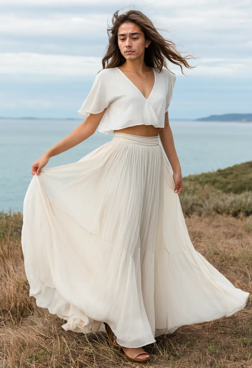 Man wearing a long flowing ivory chiffon skirt with multiple sheer layers, hem grazing the floor, fabric billowing against a cloudy sky and sea background