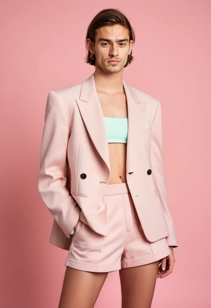 Pastel pink suiting with holographic neon noir studio background