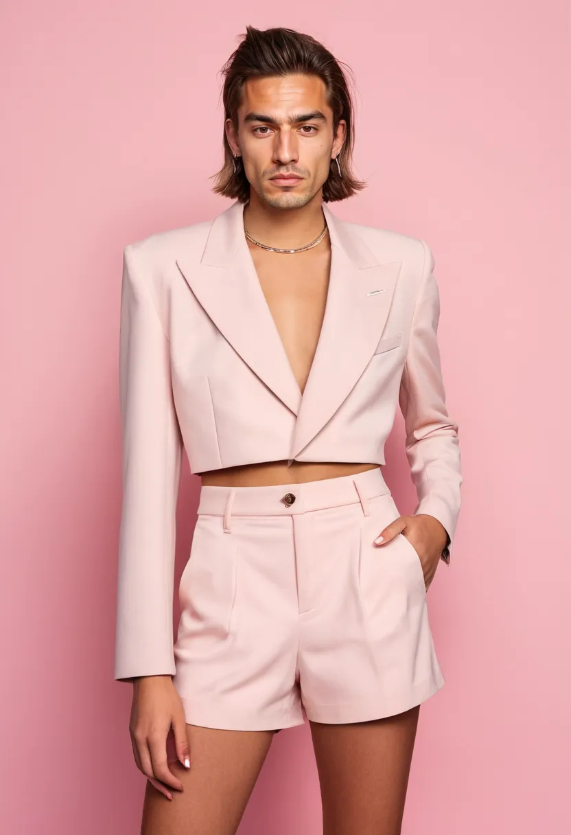 Traditionally masculine tailored structure rendered in feminine pastel pink fabric
