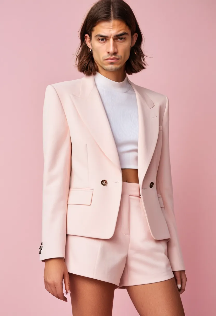 Man wearing a structured wide-shoulder pastel pink jacket with matching tailored shorts