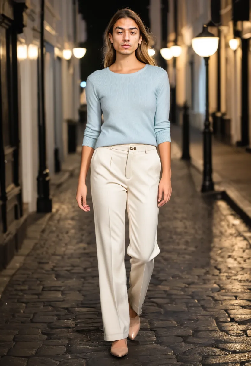 Man wearing tailored cream trousers with soft pastel knit top combining precise trouser fabric with textured knit