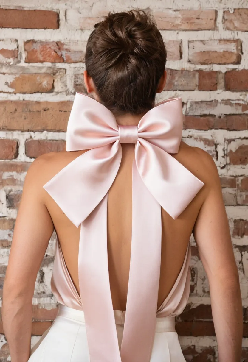 Detail of a high-sheen pale pink satin hair bow tied at the crown of a boy's hair against a brick wall