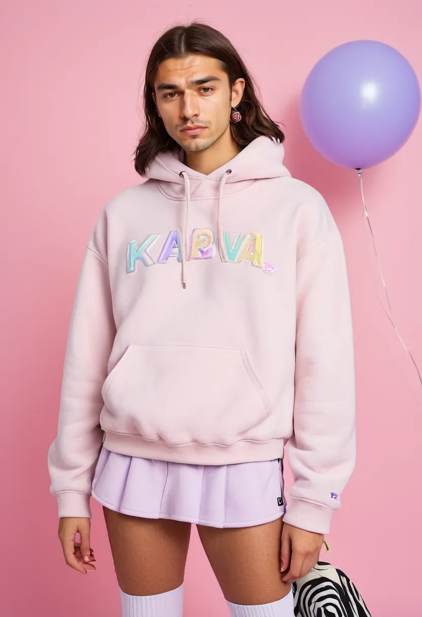 Playful kawaii look on a boy with oversized pink hoodie, cartoon embroidery details and lilac mini skirt against a neon noir background