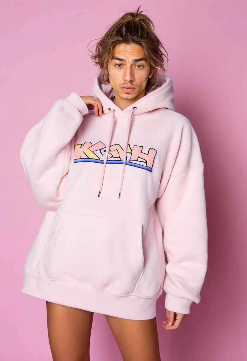 Boy in kawaii outfit featuring soft voluminous pastel fabrics, pink fleece hoodie with embroidery and lilac puffed skirt, holographic accents
