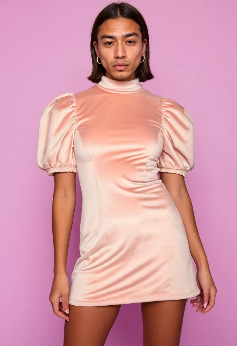 Man in plush pink velvet kawaii dress with gathered puff sleeves against a holographic neon backdrop