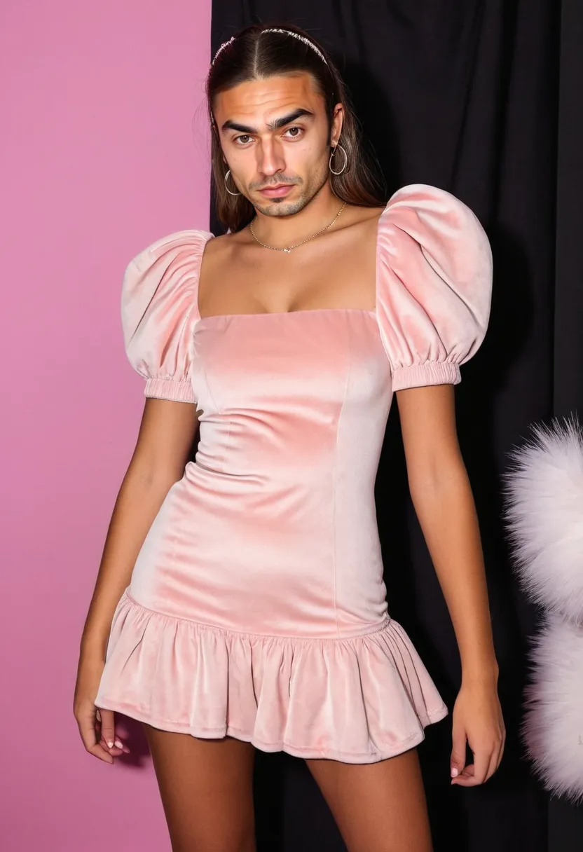 Boy wearing kawaii outfit featuring rich baby pink velvet mini dress with puffy sleeves and short skirt, neon noir studio