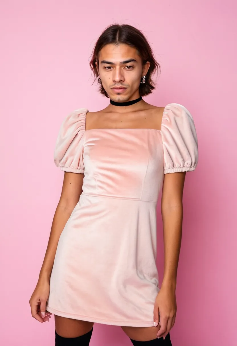 A man wearing a baby pink velvet mini dress with puff sleeves and gathered elastic cuffs, plush velvet fabric catching the light