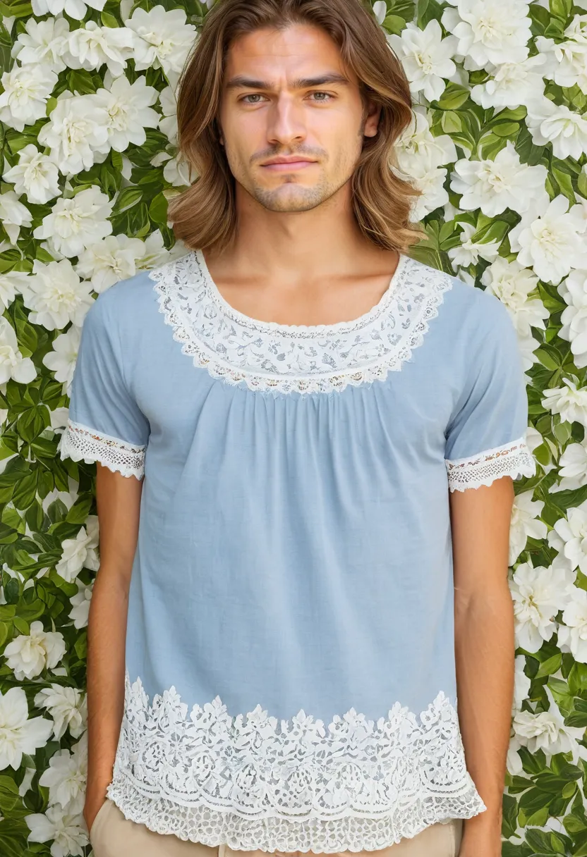 Boys wearing lace detail tops in pale blue with white floral lace border and clean color contrast