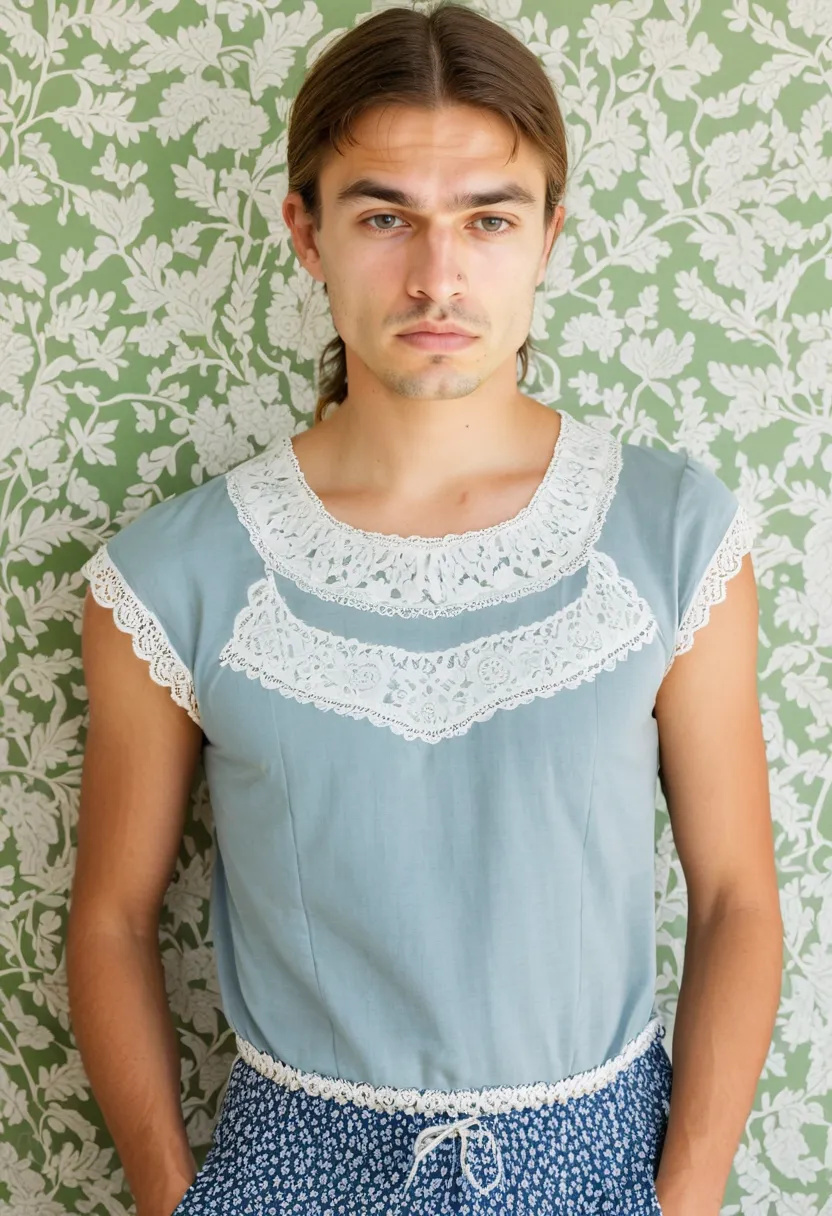 Man in dusty blue cotton blouse with contrasting white scalloped lace trim at neckline and hem
