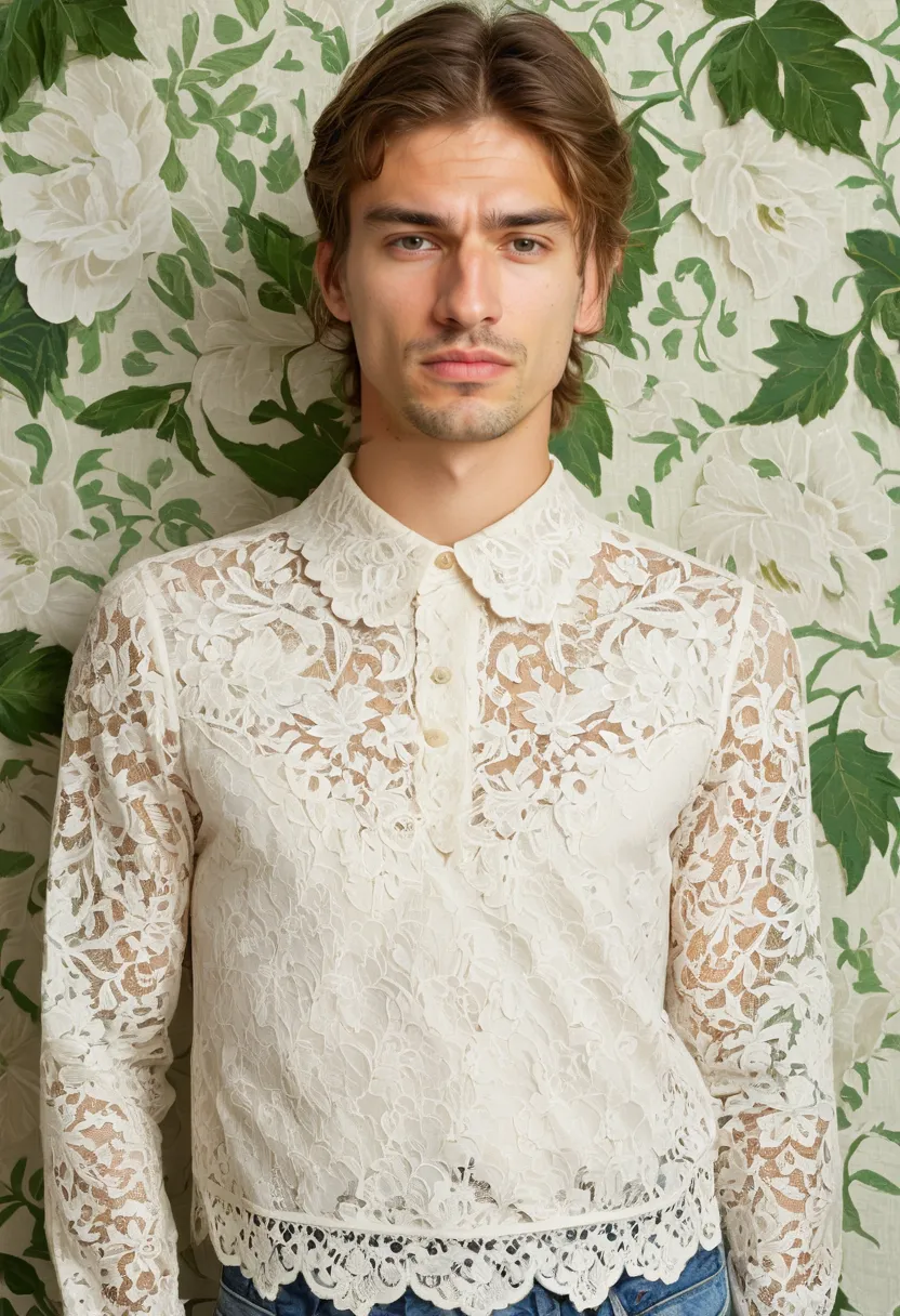 Full floral lace blouse with scalloped collar and delicate stiffness worn by a man