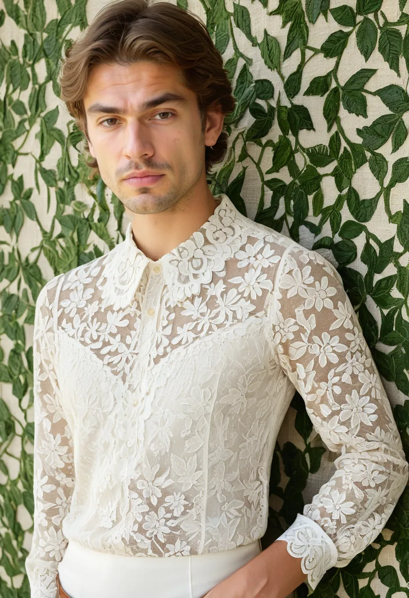 Semi-sheer ivory lace top with detailed needlework and raised texture on a male model