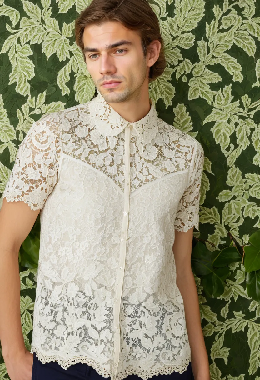 Man wearing a full ivory lace blouse with intricate floral pattern and scalloped hem against a green leaf wall