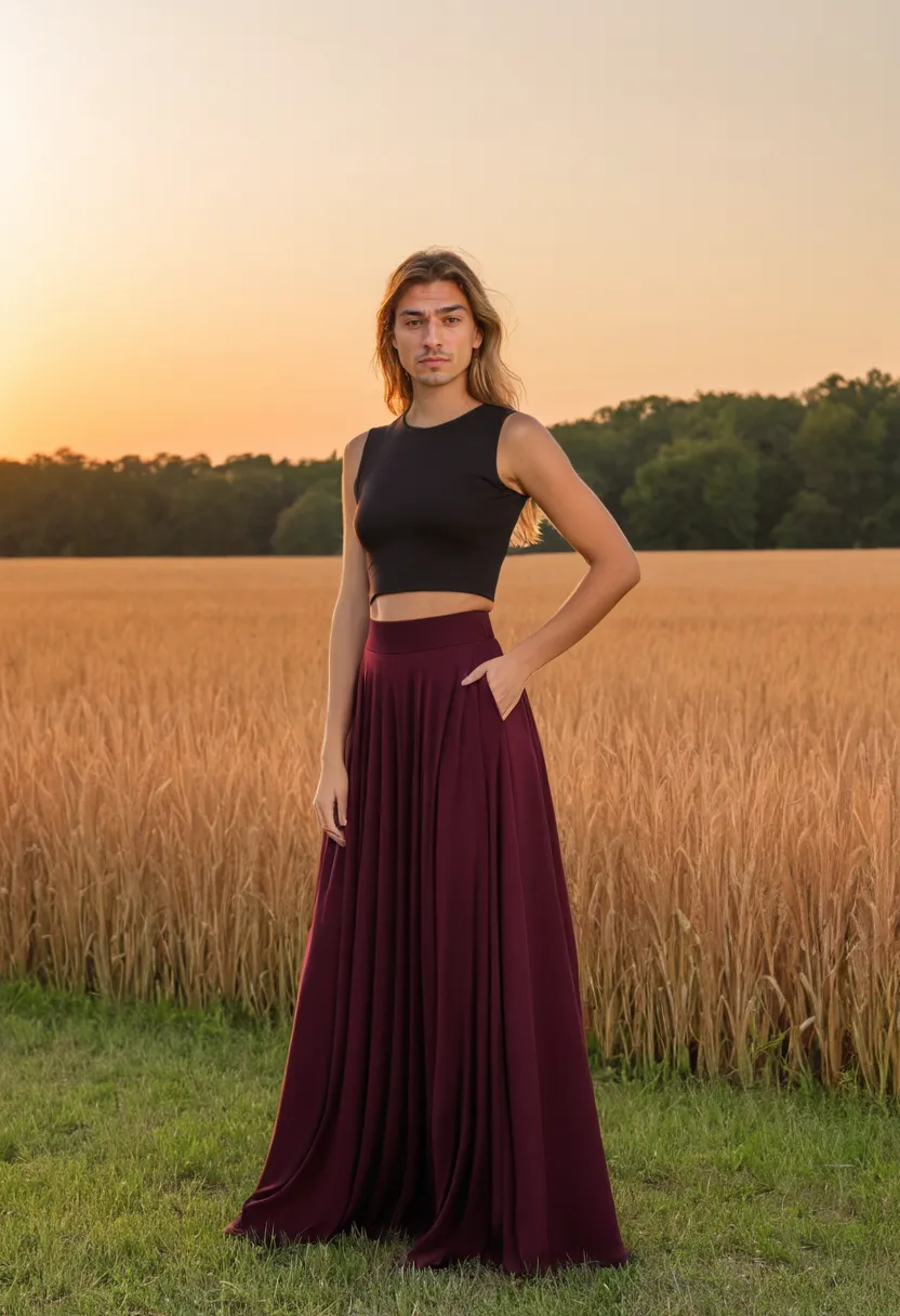 Elegant burgundy floor-length maxi skirt styled on a man with heavy crepe fabric creating rich drape