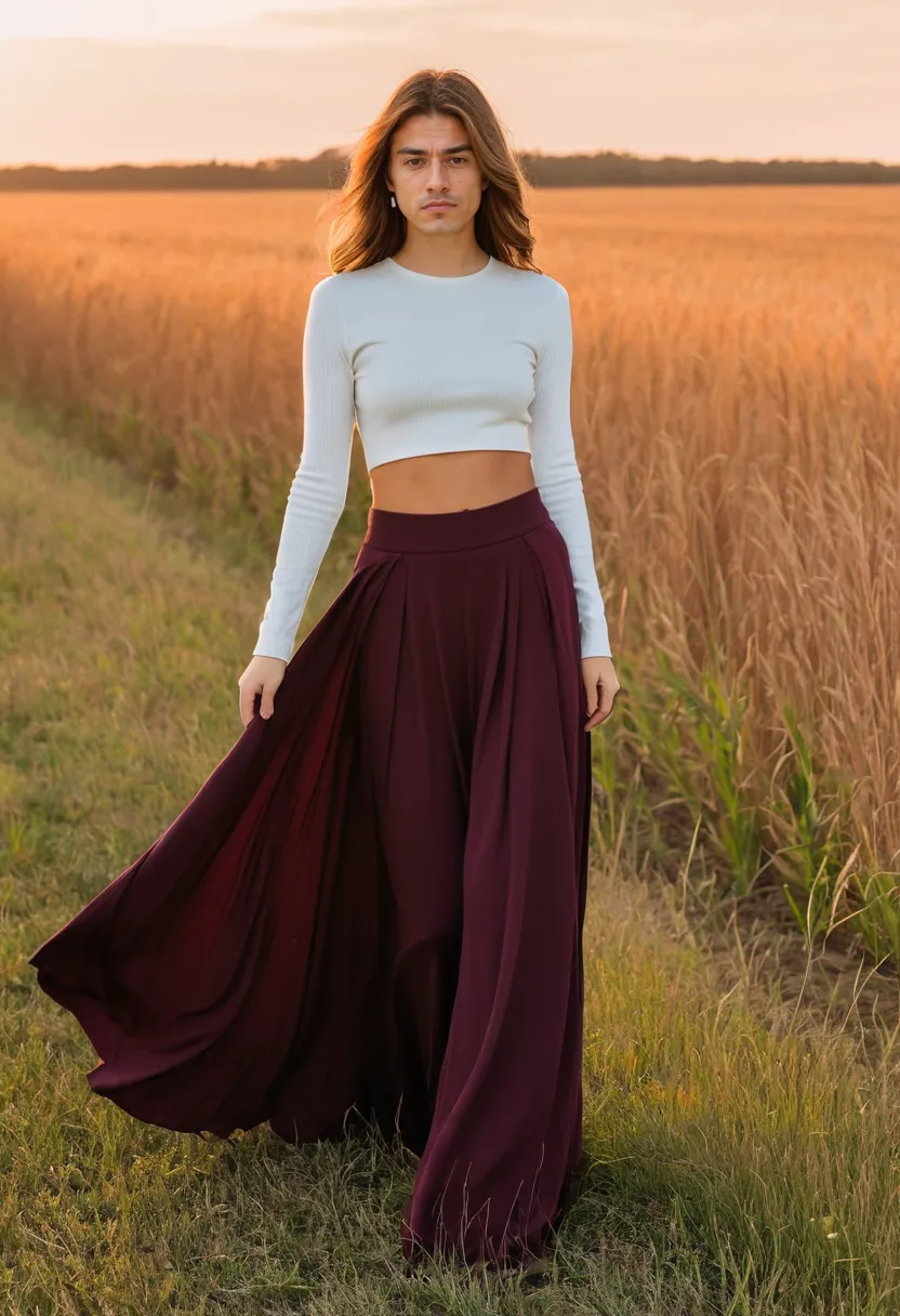 Man wearing a floor-length burgundy maxi skirt in heavy crepe fabric with elegant vertical drape in a sunset field