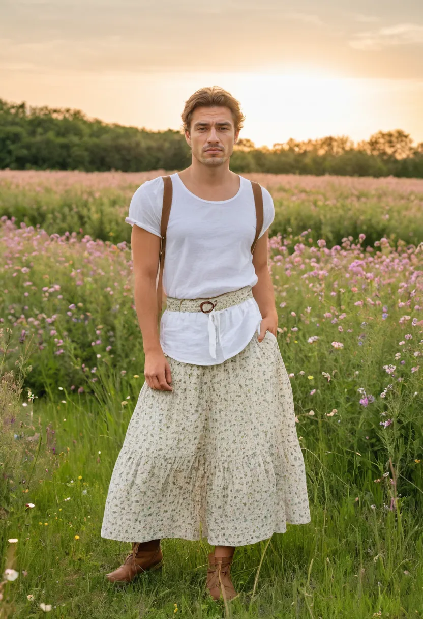 Cottagecore cream linen maxi skirt with pink and sage wildflower print on a man in a sunset field