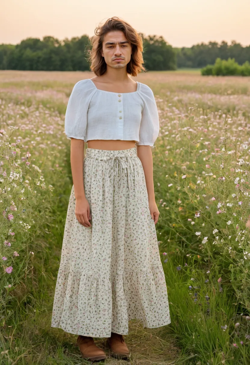 Man wearing a cottagecore-style cream floral linen maxi skirt with scattered wildflower print and gathered waistband