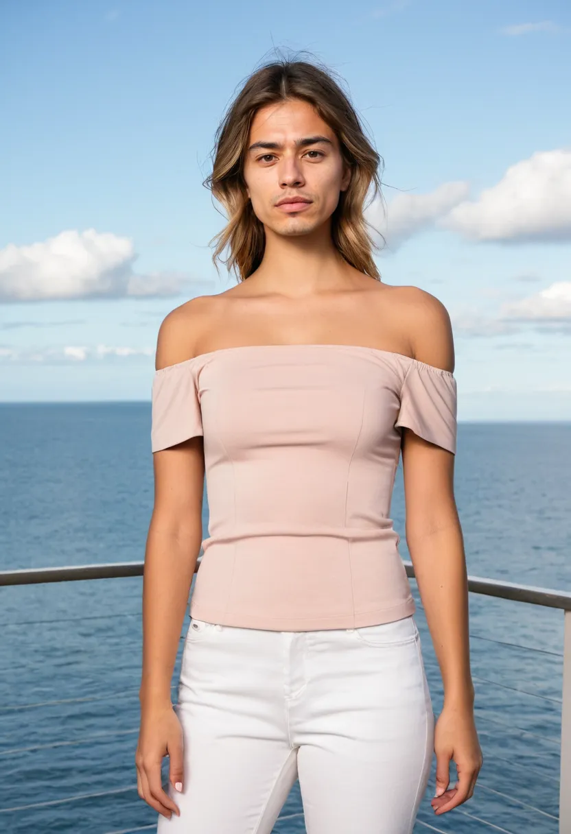 Close-up of a blush pink stretch Bardot top on a man, straight-across neckline fully exposing the shoulders, fabric lying flat and smooth across the bust