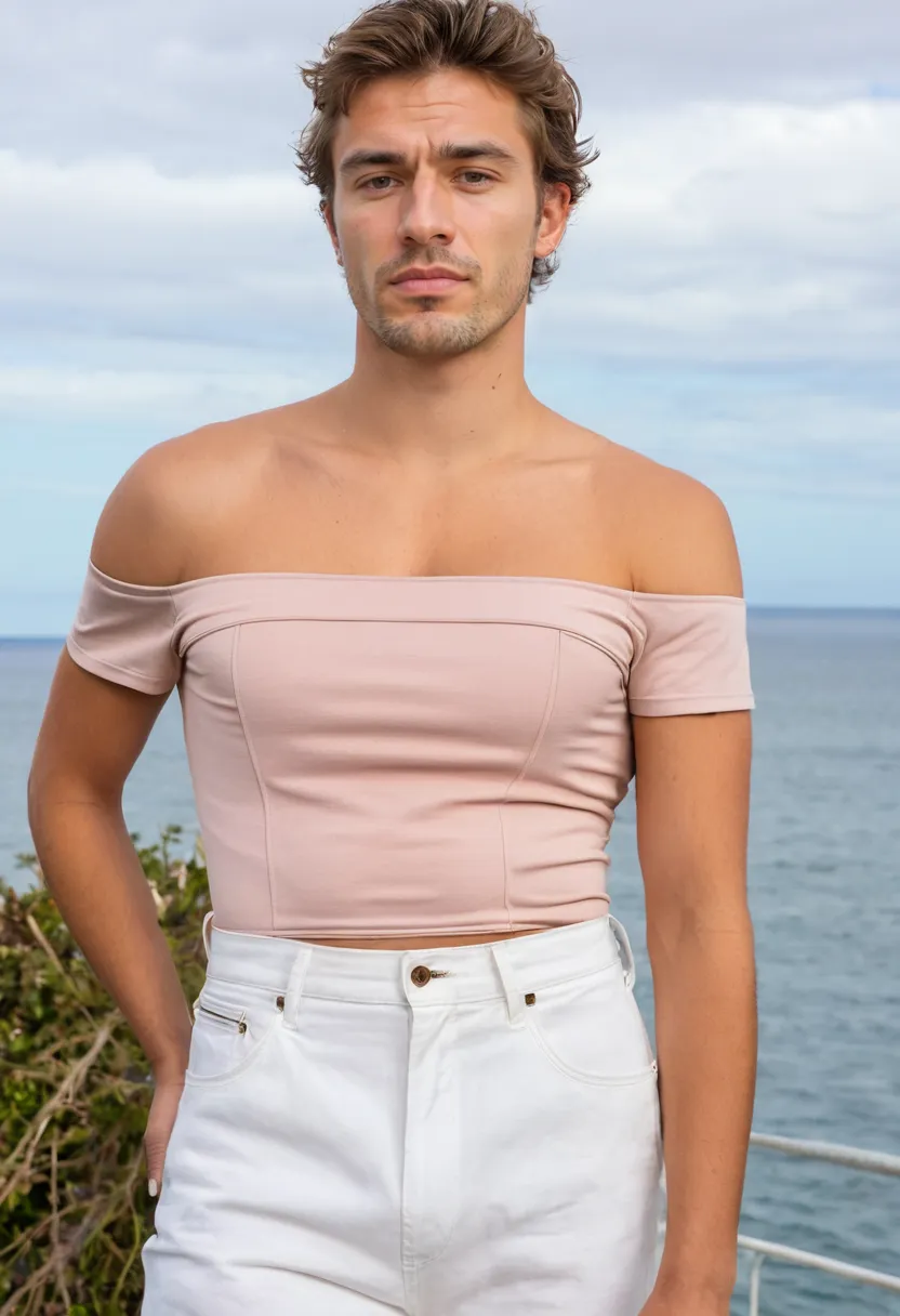 A man wearing a Bardot off-shoulder top in soft blush pink with elasticated neckline pulled down across both shoulders, fitted through the bust with smooth stretch fabric against a cloudy sky and sea background