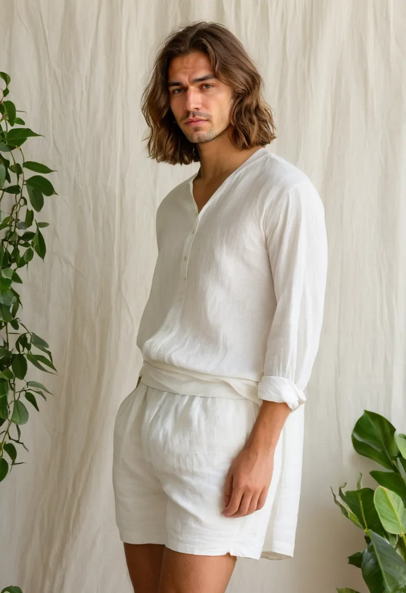 Man in white linen oversized blouse and high-waisted skirt against green leaf wall