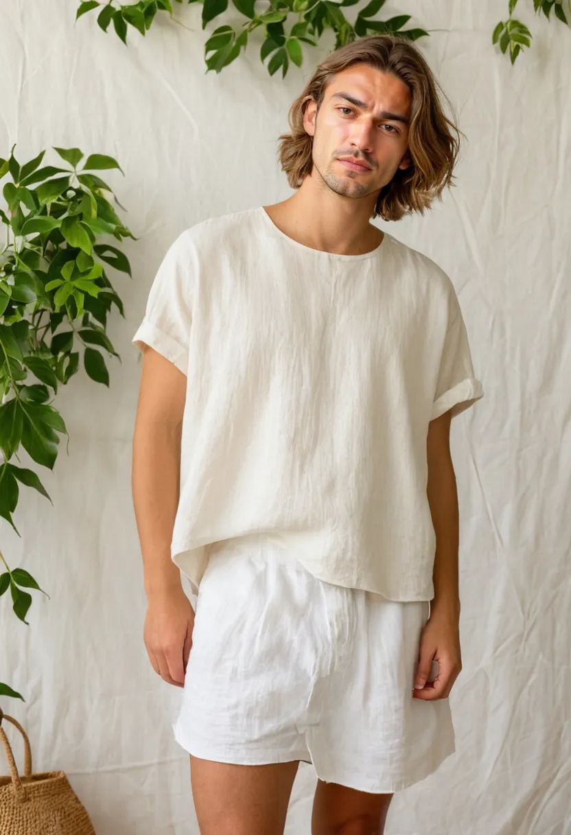 Boys wearing oversized blouses in lightweight linen with front tuck creating soft gathered folds and long flowing back hem