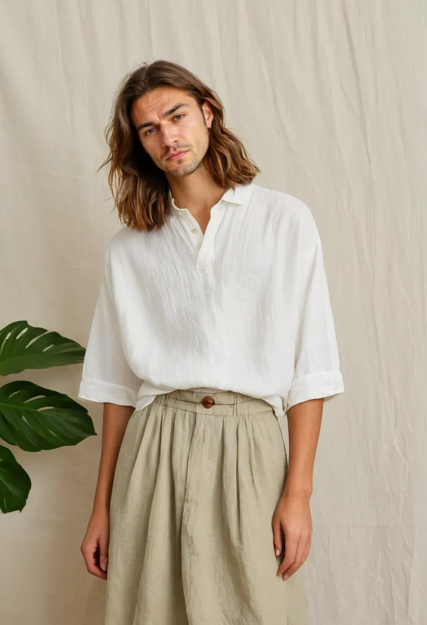 Man wearing oversized soft white linen blouse loosely tucked into high-waisted skirt with gathered folds at waistband