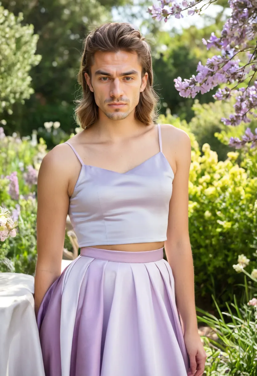 Complementary pastel color-blocked dress with fitted bodice and full skirt against blooming garden