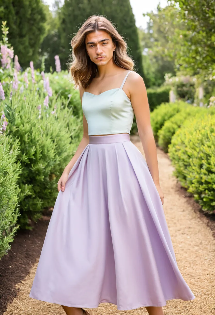 Two-tone pastel dress with lavender and pale pink meeting at the waistline seam