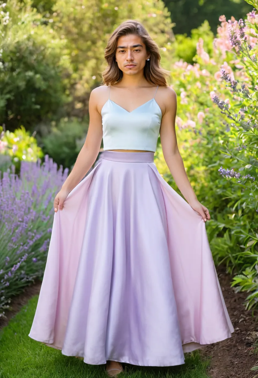 Man wearing a color-blocked dress with lavender bodice and pale pink skirt in satin finish