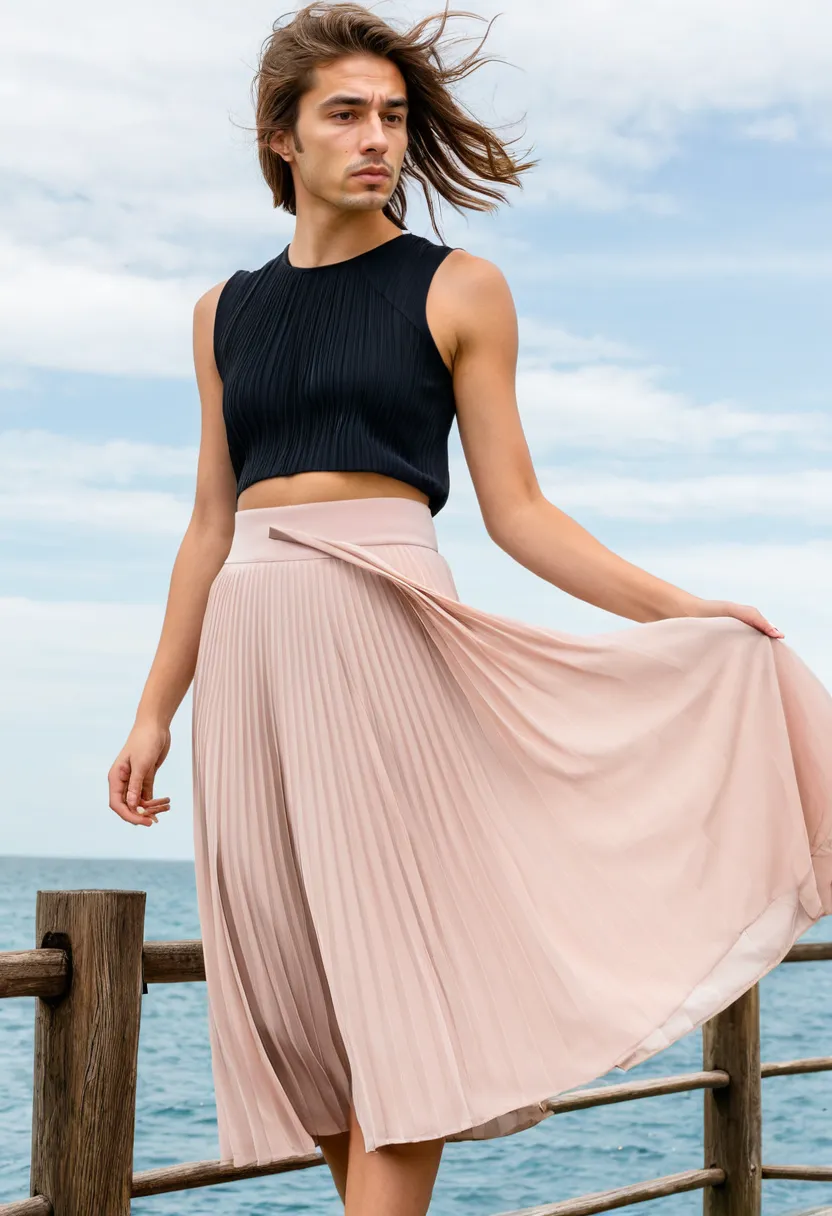 Lightweight chiffon pleated midi skirt in pink with fitted waistband, cloudy seaside background