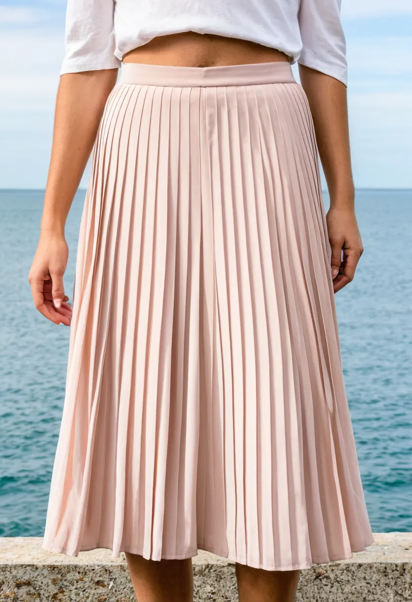 Blush pink chiffon pleated skirt on a man, pleats opening as the fabric swings